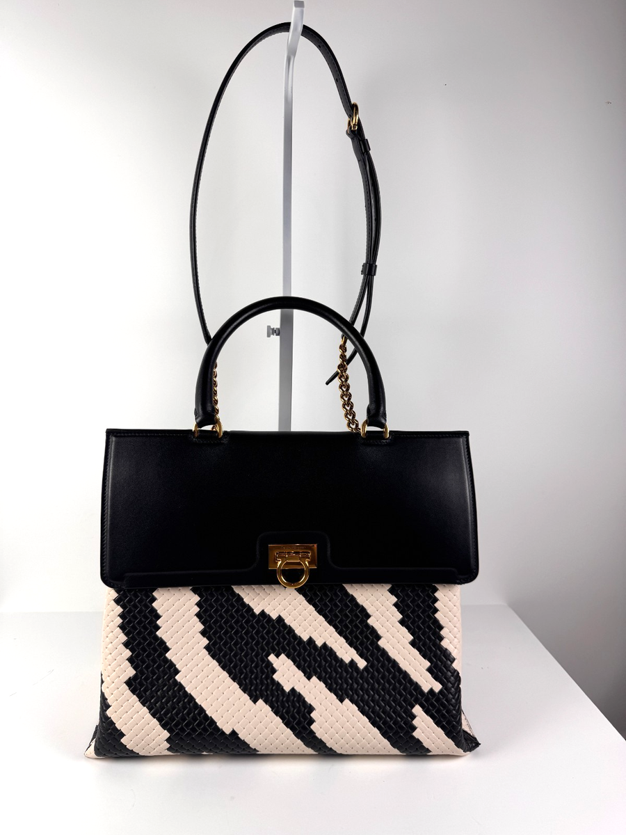SALVATORE FERRAGAMO Trifolio Leather Two Way Bag Black and White