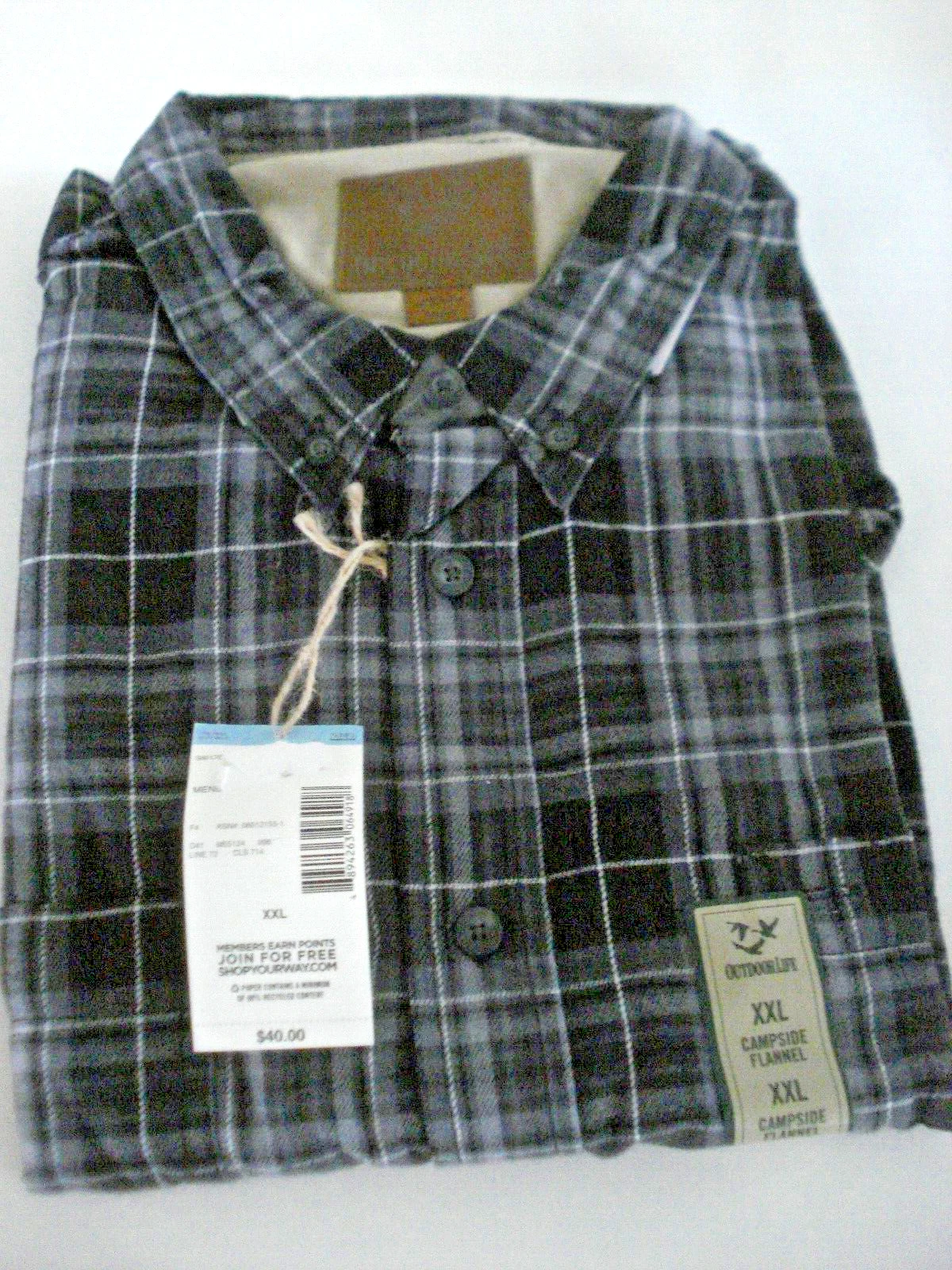 Big Mens Flannel Shirt Size XXL (2 XL) Gray Plaid Outdoor Life New