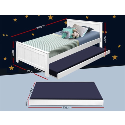 Artiss Bed Frame King Single Size Wooden Trundle Mattress Base Daybed White - Picture 11 of 11