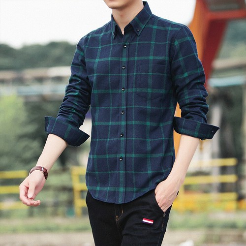 Spring and Autumn Men's Retro Plaid Fashion Casual Long Sleeve Button Shirt Top - Picture 35 of 48