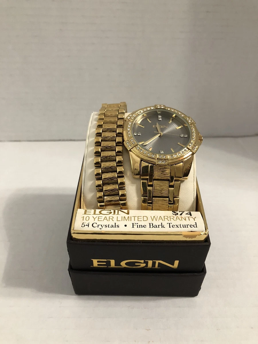 Elgin Men s Watch Bracelet Set Gold Tone with 54 Crystals FG10009ST