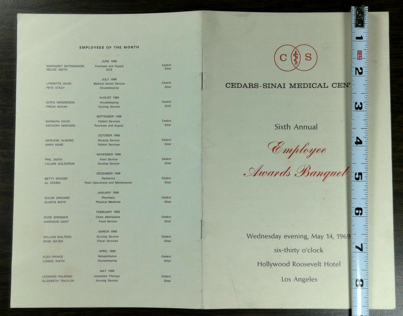 1969 Menu CEDARS SINAI MEDICAL CENTER Employee Awards Hollywood