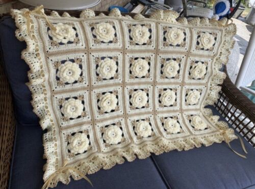 IVORY ROSES BABY BLANKET AFGHAN RUFFLES, ROSES n RIBBONS - Ready To Ship - Picture 1 of 1