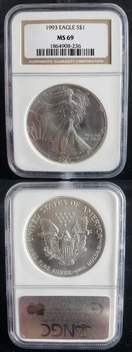 1993 American Silver Eagle 1 Oz Graded NGC MS69 Brown Label 24342