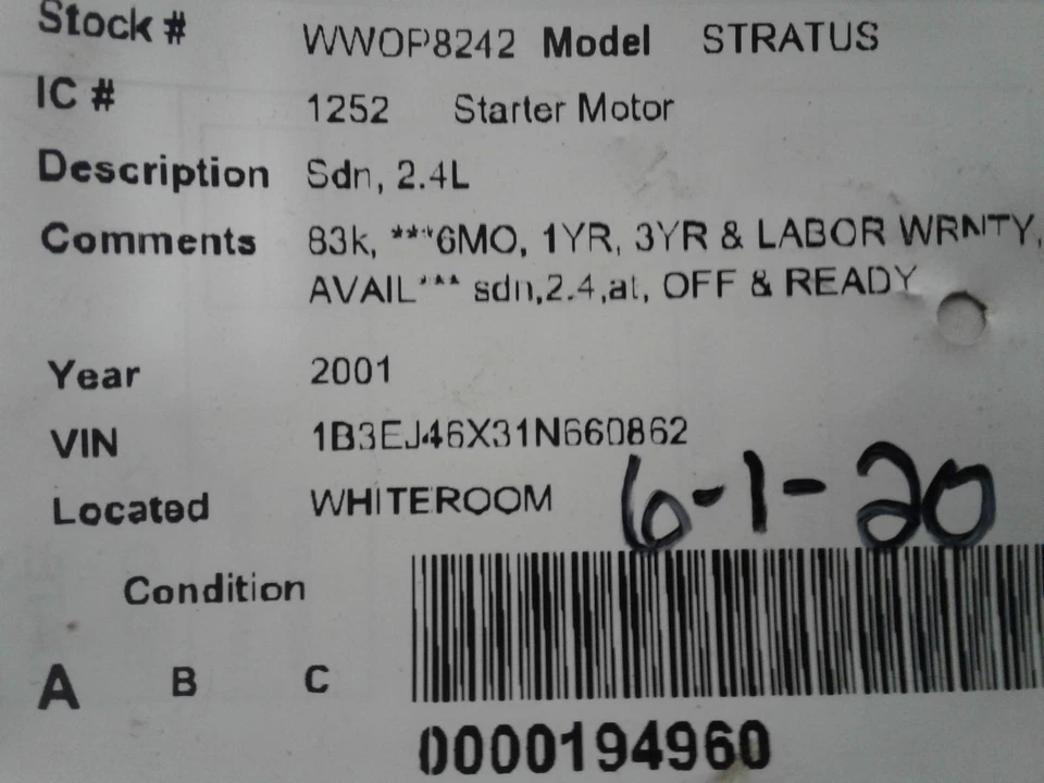 Motor de arranque usado se adapta a: Dodge Stratus SDN 2001 2,4 grado A Foto 4 de 4