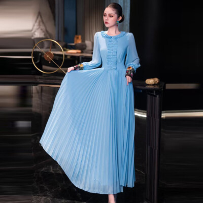 New Women's Round Neck Long Sleeve Pleated Blue Celebrity Long Dress High  Waist | eBay