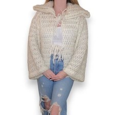 Vintage Women Chunky Knit Bell Sleeve Granny Cardigan Boho Cream Size Small
