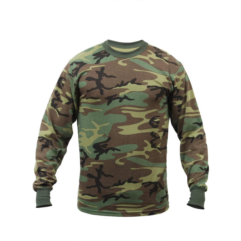 Long Sleeve Shirt Woodland Camo Tactical Military Hunting Rothco Tee Sizes S-6XL - Image 3 of 4