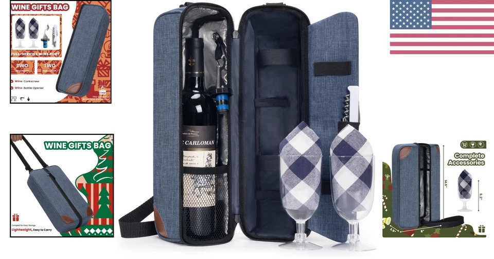 Bolso de Vino Aislado ALLCAMP - Elegante Bolso Enfriador Azul con Vasos y Sacacorchos Foto 2 de 4