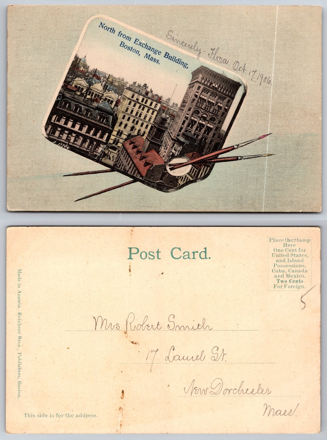 1906 Boston Mass Exchange Bldg Art Palette Postcard Reichner Bros ...
