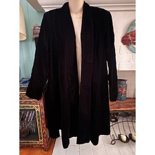 VINTAGE 80'S/90'S PLUSH BLACK VELVET SHAWL COLLAR SWING DUSTER COAT M