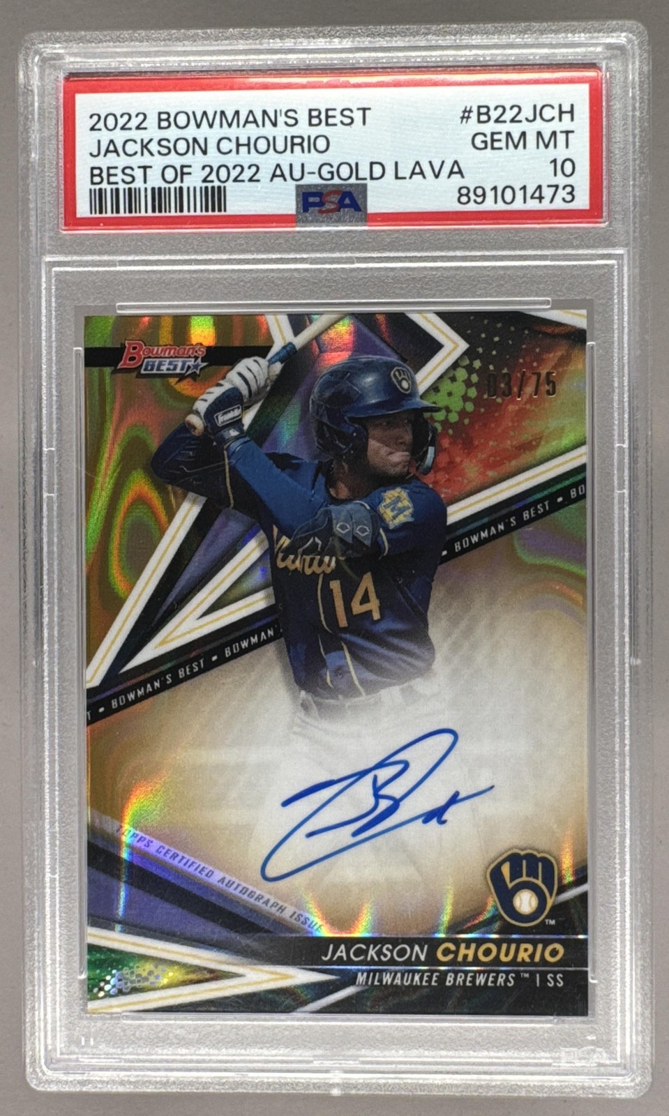 Jackson Chourio 2022 Bowman's Best Gold Lava Refractor RC Auto /75 PSA 10