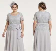 Jacques Vert light grey subtle sequin lace detail belted calf length dress 22