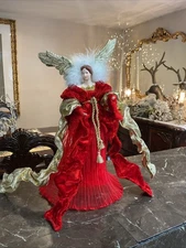 Victorian Christmas Angel Tree Topper 17” Red  And Gold Elegant Velvet Gown