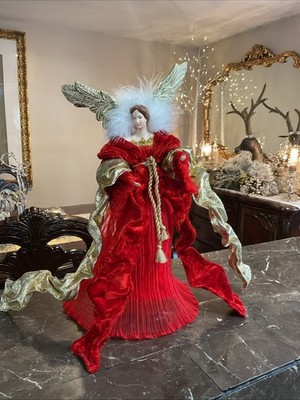 Victorian Christmas Angel Tree Topper 17  Red  And Gold Elegant Velvet Gown