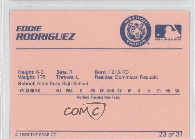 1989 Star Bristol Tigers Eddy Rodriguez #23 - Image 2 of 2