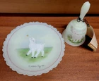 FENTON CUSTARD URANIUM GLASS MOTHERS DAY 1985 PLATE & BELL SET LAMB Hand Painted
