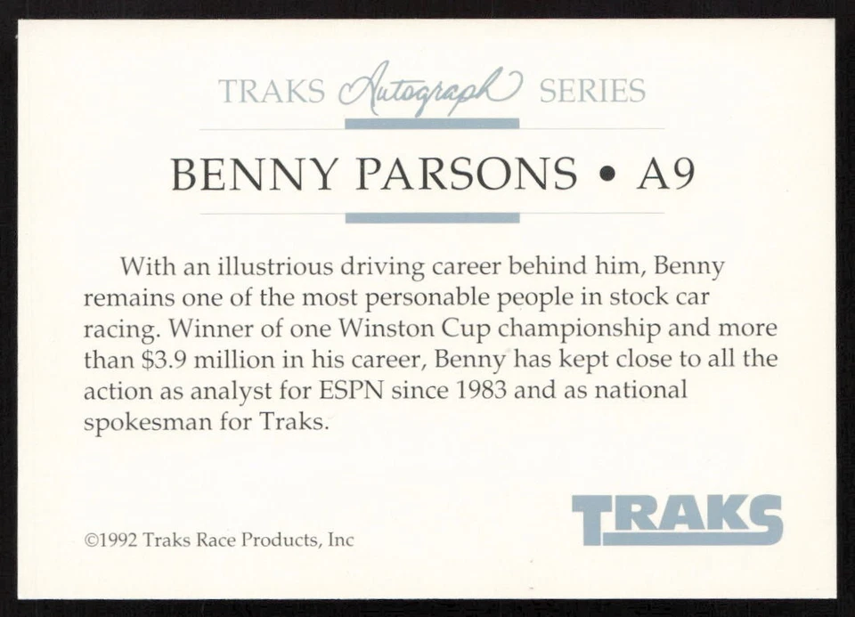 1992 Traks Autographs Benny Parsons #A9 - Image 2 of 2