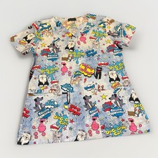 Cherokee Medical Vet Scrub Top Dog Gone Cute Comic Cat Cartoon Sz M Blue Graphic