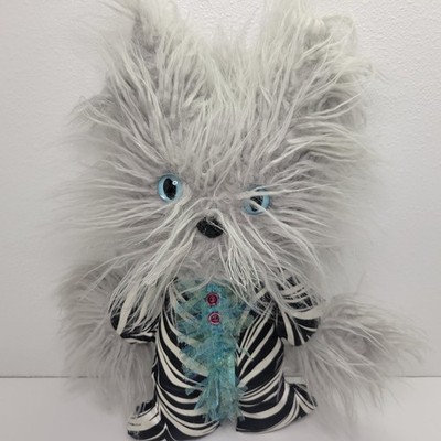 Rare Vintage Scary Crazy Hair Cat Plush- 15'' Lace Zebra Print Satin Outfit 