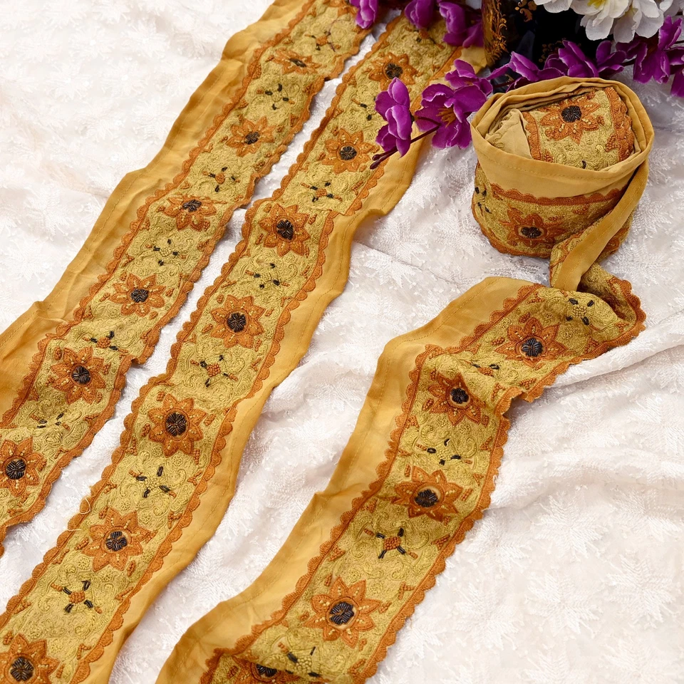 Винтажная вышитая вручную кружевная швейная лента сари для рукоделия 1 ярд деко - Изображение 2 из 4