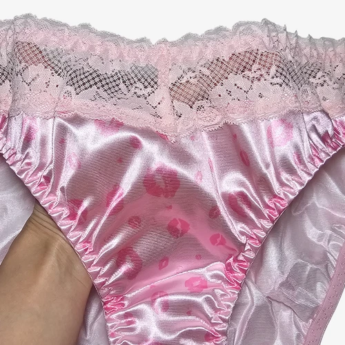 Glossy Pink Satin Panty Sissy Lip Print Bikini Nylon Lace Brief Sz. 9 Hip 44-47"