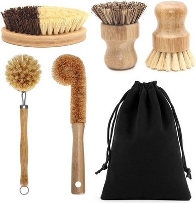 #ad 5 Pack Natural Bamboo Cleaning Brush Set Pot Dish Scrub Brush with Handle an... $23.41