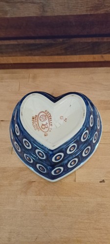 Polish Pottery 6" Heart Shaped Peacock Dish Bowl Boleslawiec - Picture 6 of 11