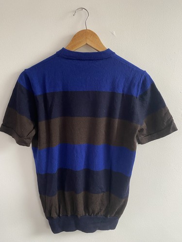 MR P. MR PORTER Jumper Mens Medium Navy Blue Brown Striped Merino Wool Sweater - Picture 11 of 16