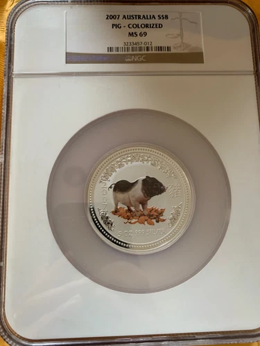 2007 Australia S$8 Pig - Colorized NGC MS69 5 oz Silver Lunar Zoadiac Coin