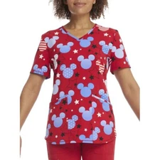 ScrubStar Disney Mickey Mouse American Red White Blue Nurse Uniform Scrub Top