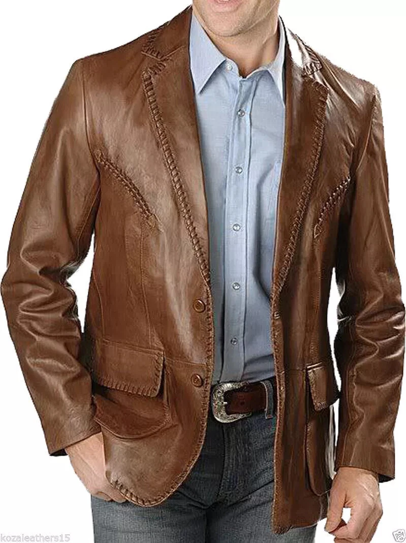 Men's Genuine brown Lambskin Leather Blazer Jacket TWO BUTTON Soft Coat