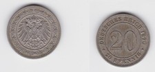 20 Pfennig Nickel M&uuml;nze Deutsches Reich 1890 A J&auml;ger 14 f.vz (150522)