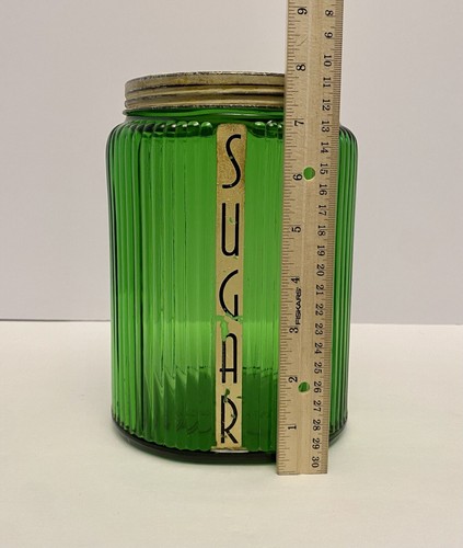 Zuccheriera vintage anni '30 Owens-Illinois alta 8" in vetro verde con etichetta ST. - Foto 2 di 9