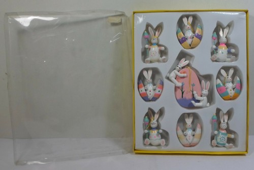 GREEK VTG 80's WOODEN EASTER ORNAMENTS BUNNIES IN EASTER EGGS HAND MADE SET B - Picture 3 of 12