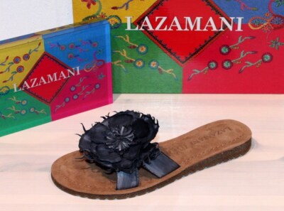 LAZAMANI Leder-Sandalette Flats Pantolette Sandale Batik Blume Black - Neu!