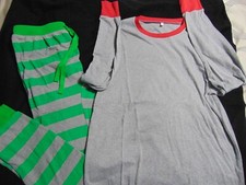 Unisex Holiday Pajama Set Size M Gray  Red Top with Green  Gray Striped Pants
