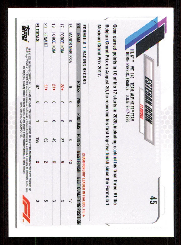 2021 Topps Chrome Formula 1 #45 Esteban Ocon - Image 2 of 2