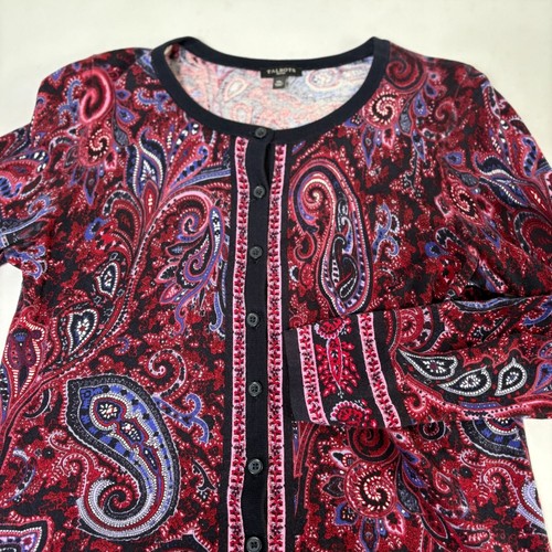 Talbots Cardigan Petite M MP Red Black Pink Paisley Button Front Long Sleeve - Picture 8 of 12
