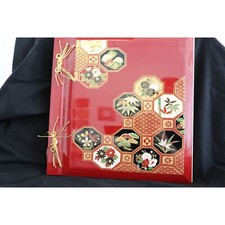 1982 TOYO Japan Lacquer Photo Album Red Black Gold Japanese Motifs Gold Twine