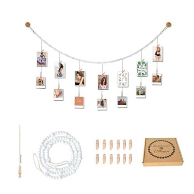 4 Feet Wooden Beads Garland with Clothespins Picture Cards Holder - 4ft White