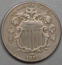 XF+ 1874 US Shield Five Cent Nickel.  #7 c