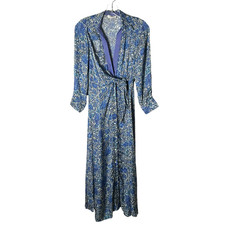 Sandro Dress Size 0 Blue Floral Wrap Midi 3/4-Sleeve Collar Tie READ FLAW