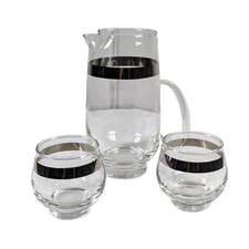 Vintage Libbey Silver Band Pint Pitcher and Two Roly Poly Tumblers Cocktail Set 