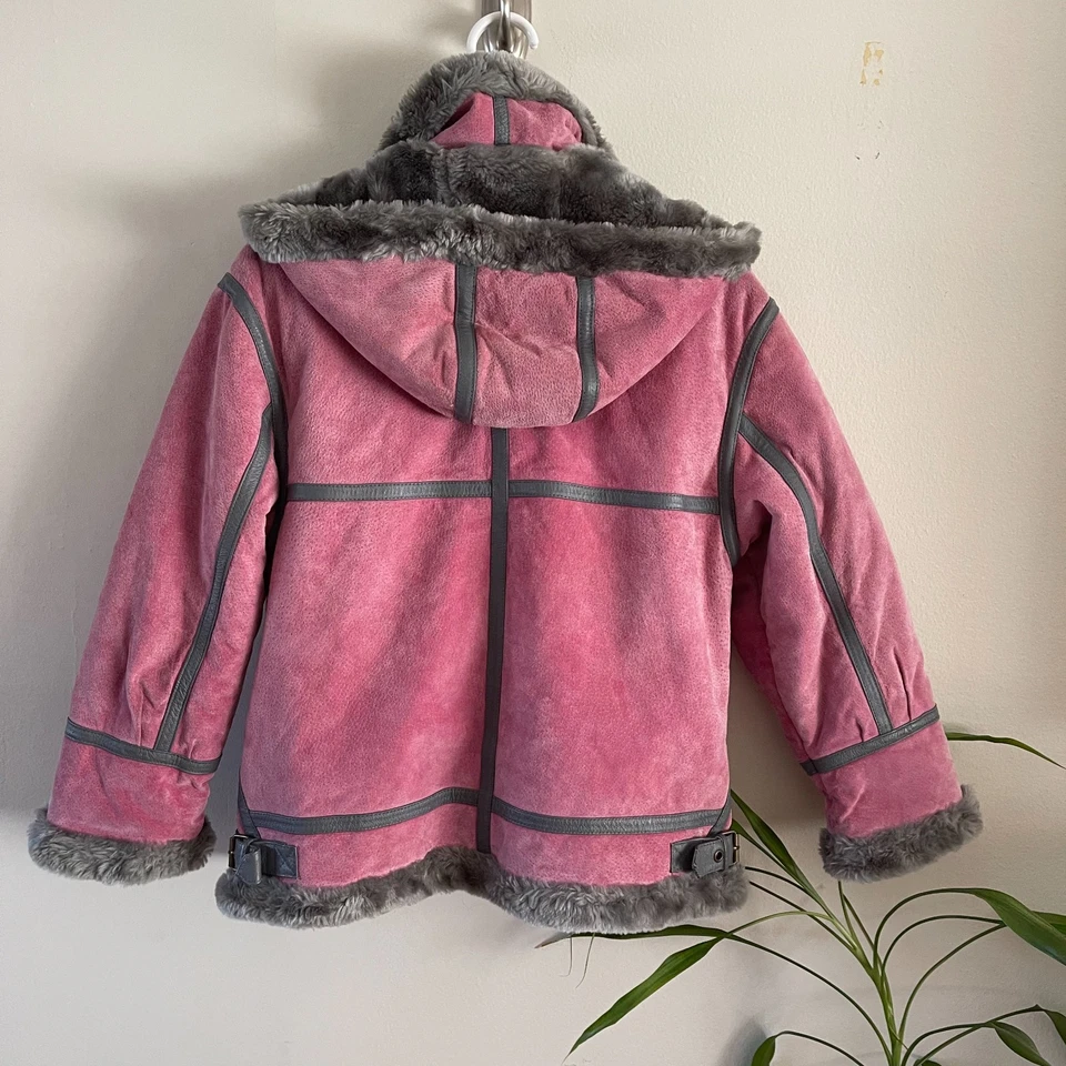 Vintage Shebang USA Genuine Pink Leather Hooded Faux Fur Coat Jacket Girl Medium - Image 3 of 4