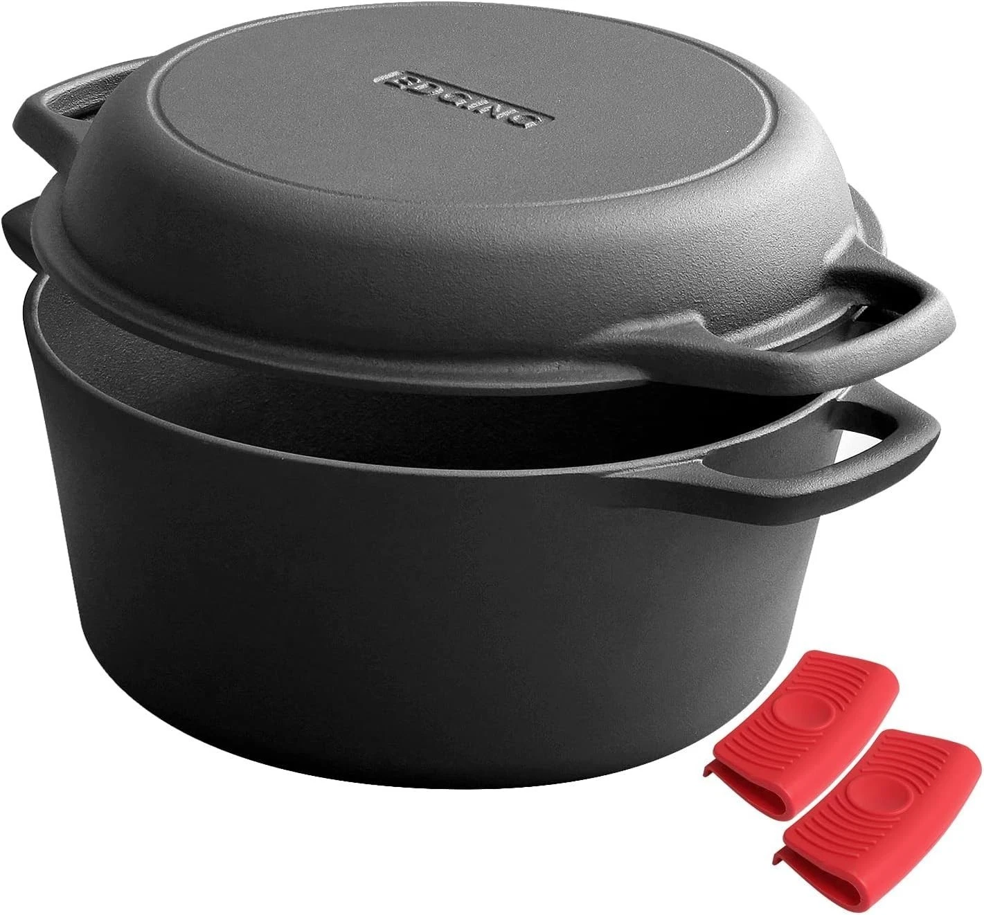2-in-1 Pre-Seasoned Cast Iron Dutch Oven Pot W/ Skillet Lid Cooking Pan