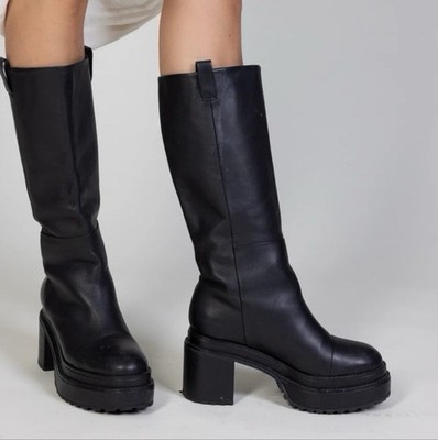 Cult Gaia Hana Platform Block Heel Black Leather Boots Women EU 36 US 6 $695 NEW