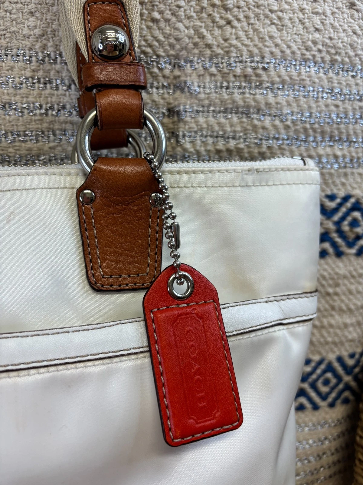 Borsa Coach Park bianca arancione nylon bordo pelle doppio manico chiusura cerniera tote bag