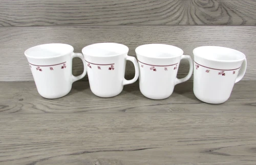 Vintage Set of 4 Corelle Corning Burgundy Rose 12oz Coffee Tea Cups Made in USA