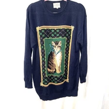 Vintage Susan Bristol Sweater Cat With Bell Design Navy Blue Size Medium